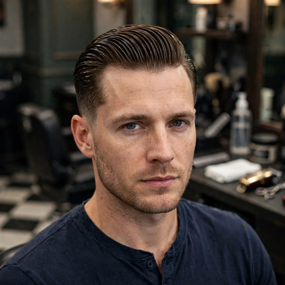 Slick back haircut for men with straight hair — straight hair combed back smoothly with tapered sides