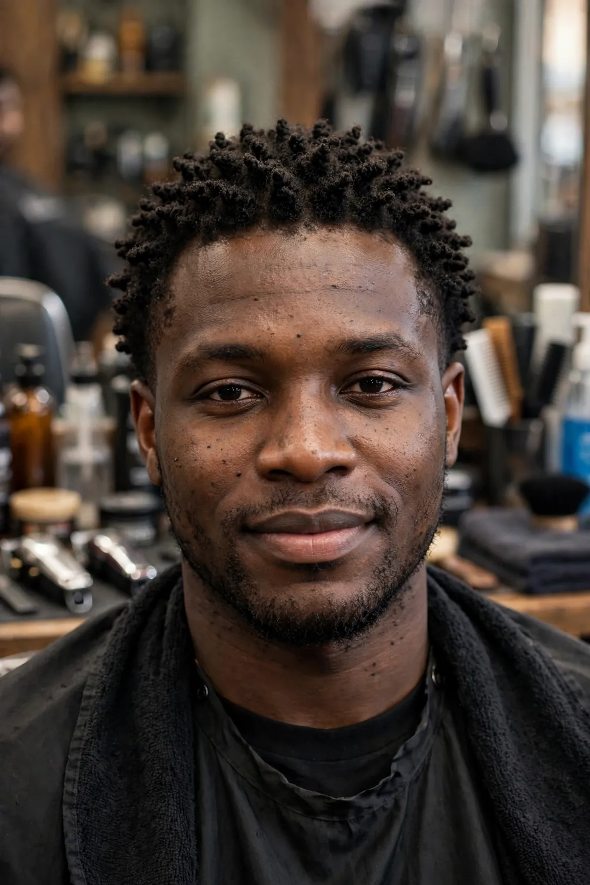 Sponge twists black men haircut with defined coils on top and faded sides