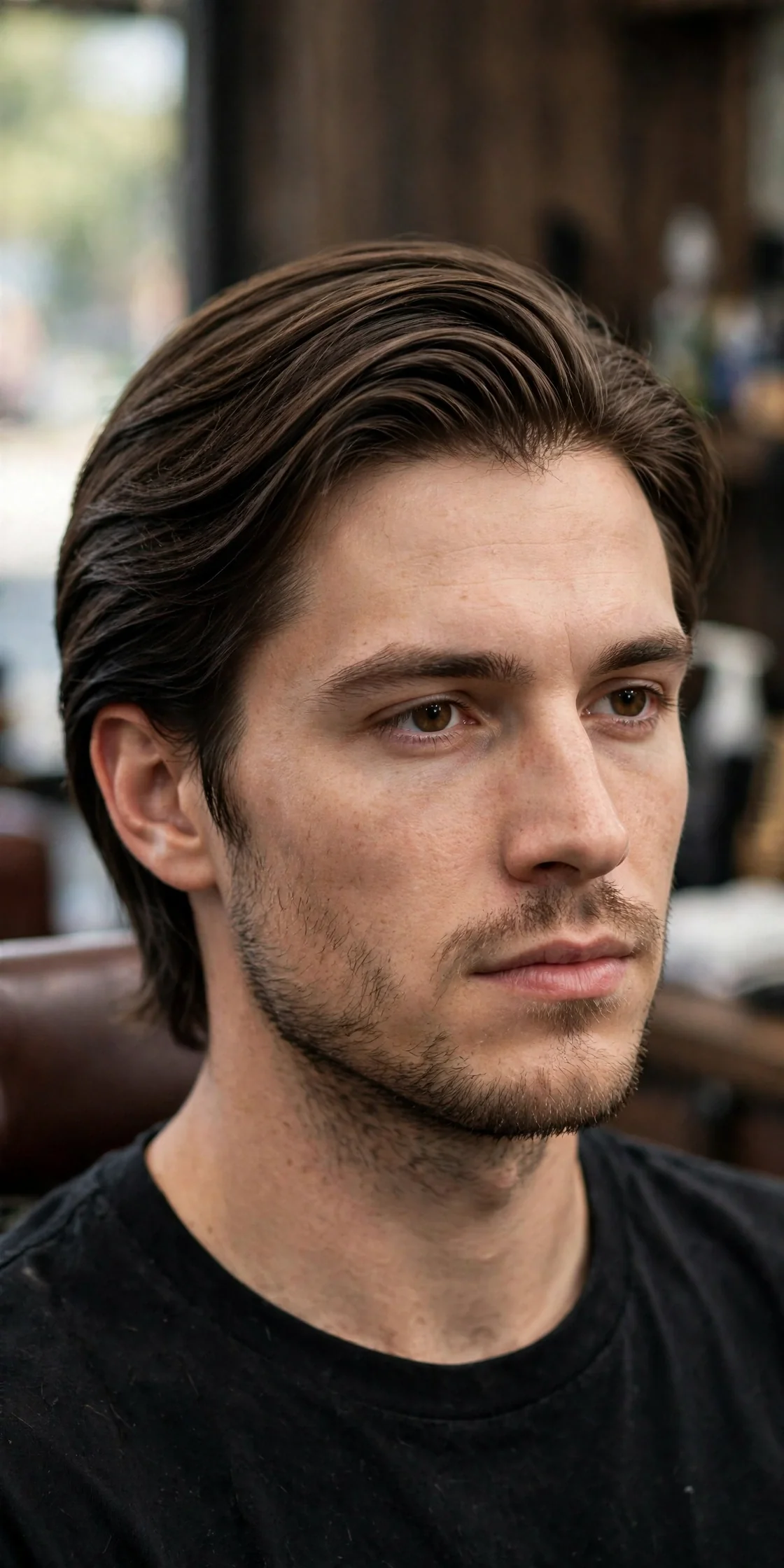 The straight-hair bro flow haircut with smooth medium-length hair brushed back and soft layered ends, barbershop photo.