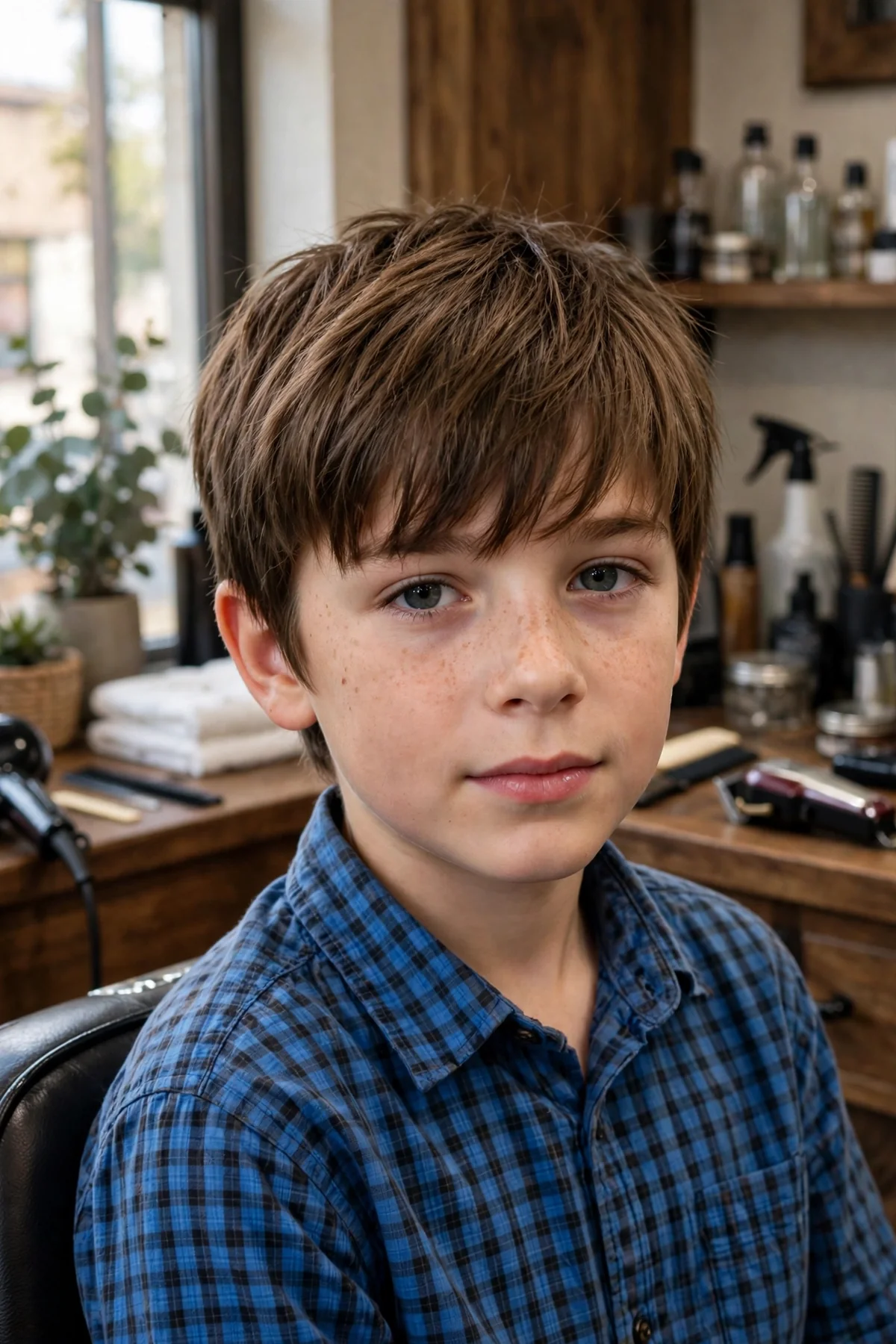 Boy with fine straight hair wearing textured bangs with piece-y ends.