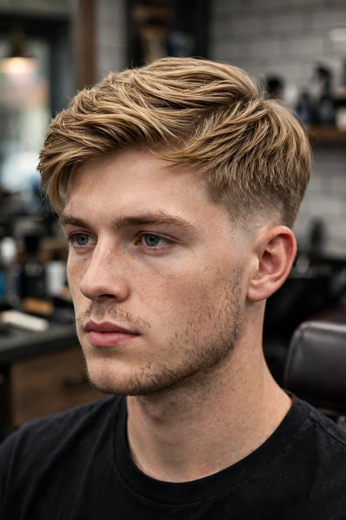 Man with a textured comb over haircut, choppy layered top swept to the side, barbershop portrait photography