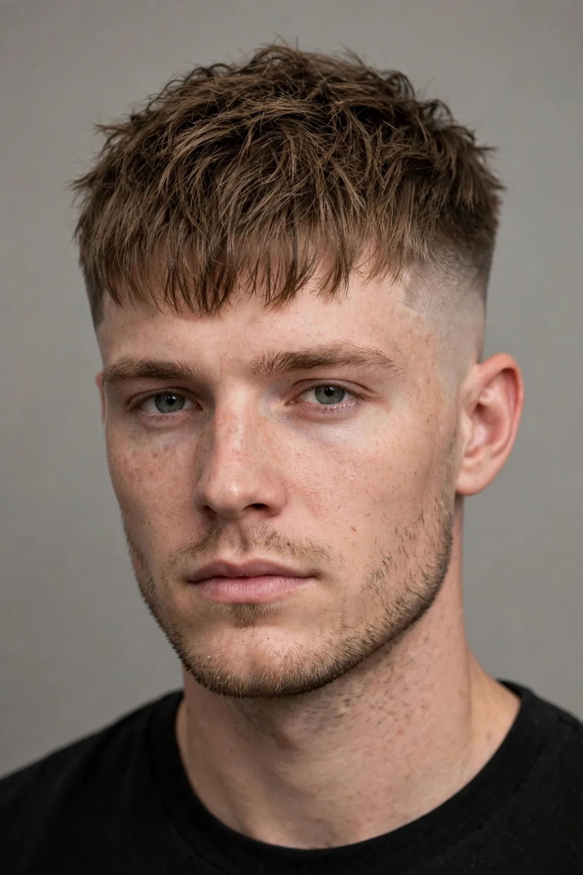 Textured crop with a bald fade haircut — choppy layered fringe on top with sharp skin-faded sides