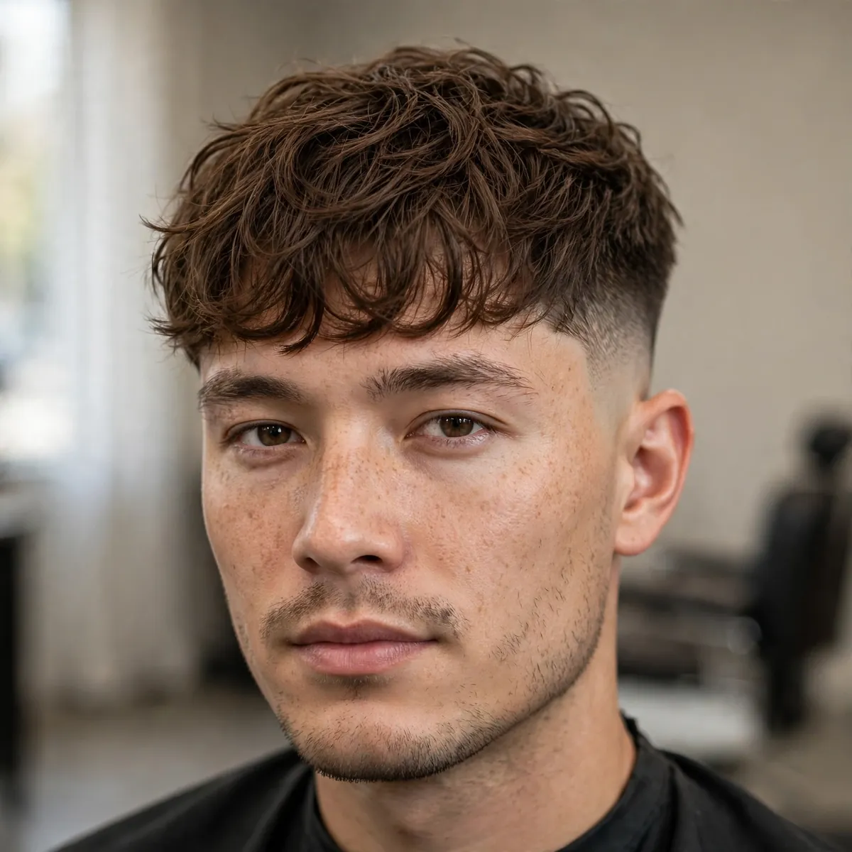 Man with a textured fringe high taper — piecey forward-styled fringe paired with tapered sides.