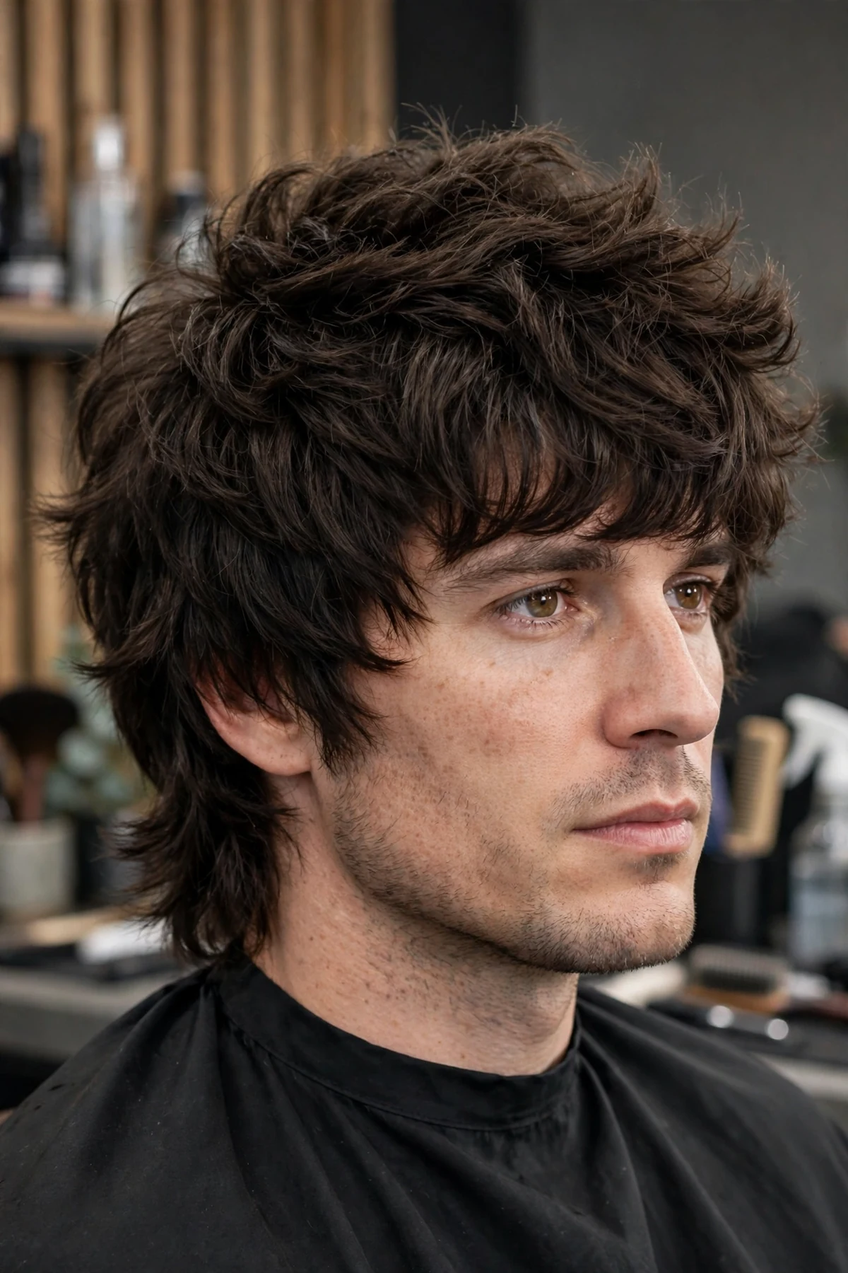 Wolf cut haircut for thick-haired men with debulked layers and controlled volume
