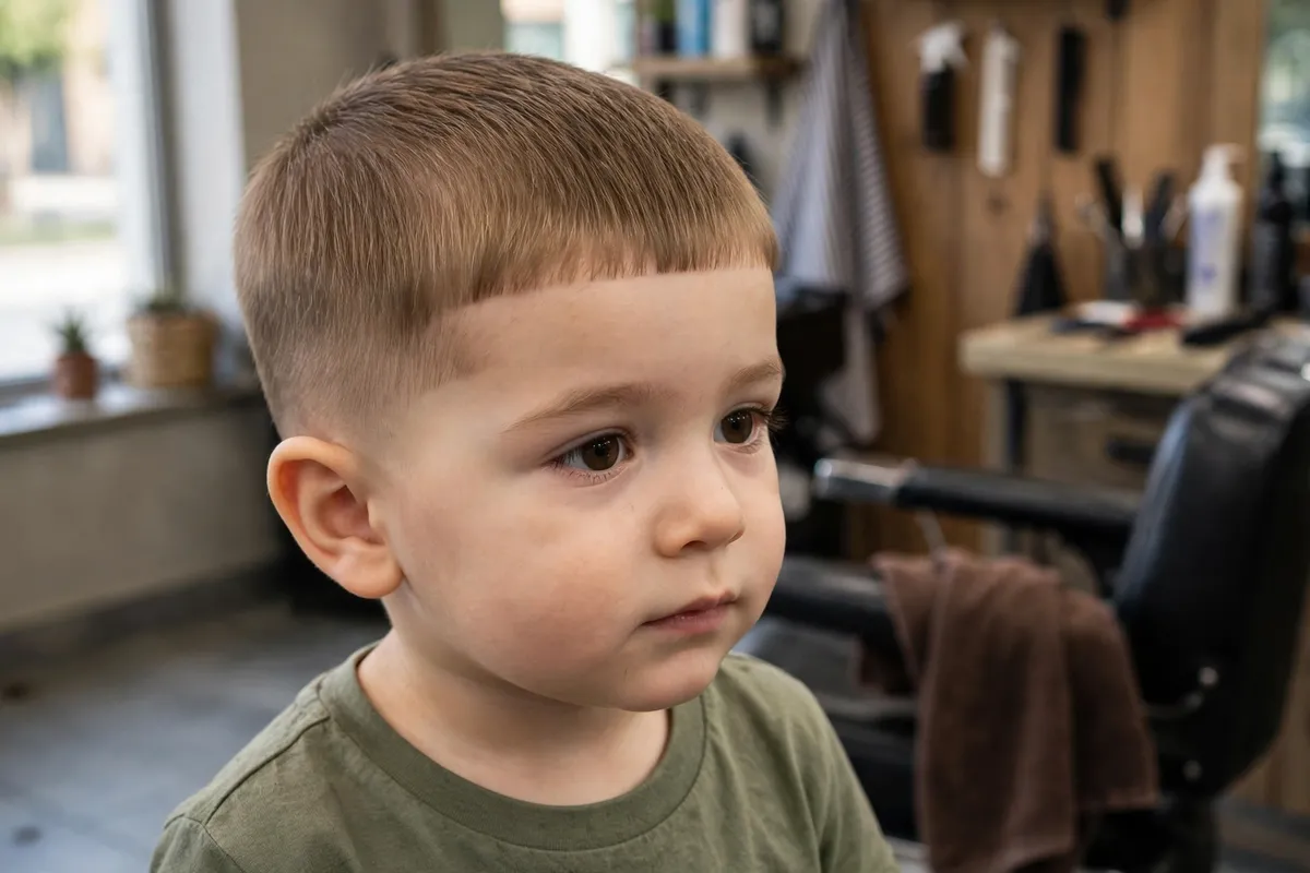 Toddler boy with a caesar cut, short straight fringe — neat low maintenance toddler boy haircut