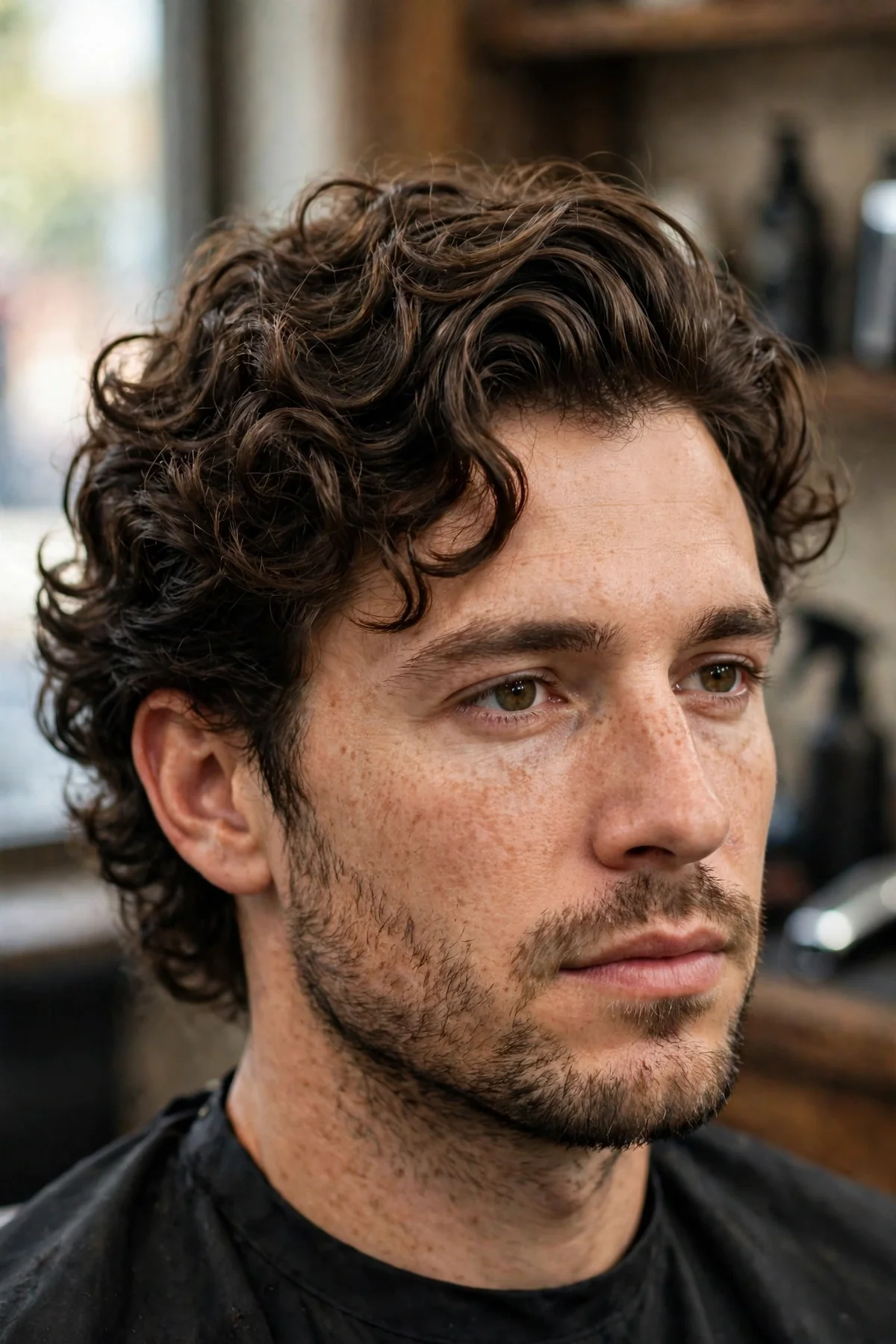 The curly bro flow haircut on a man with defined curls swept back in a medium-length flow, barbershop photo.