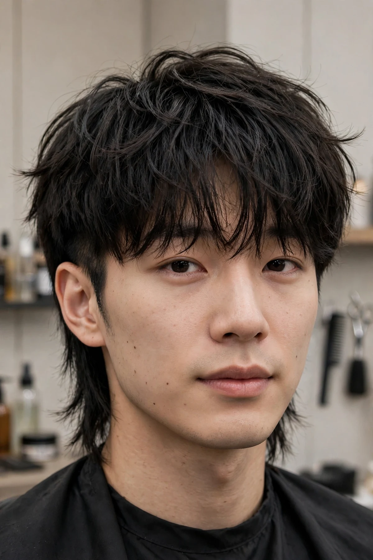 Korean wolf cut haircut for men with soft two-block layers, airy bangs, and a neat silhouette