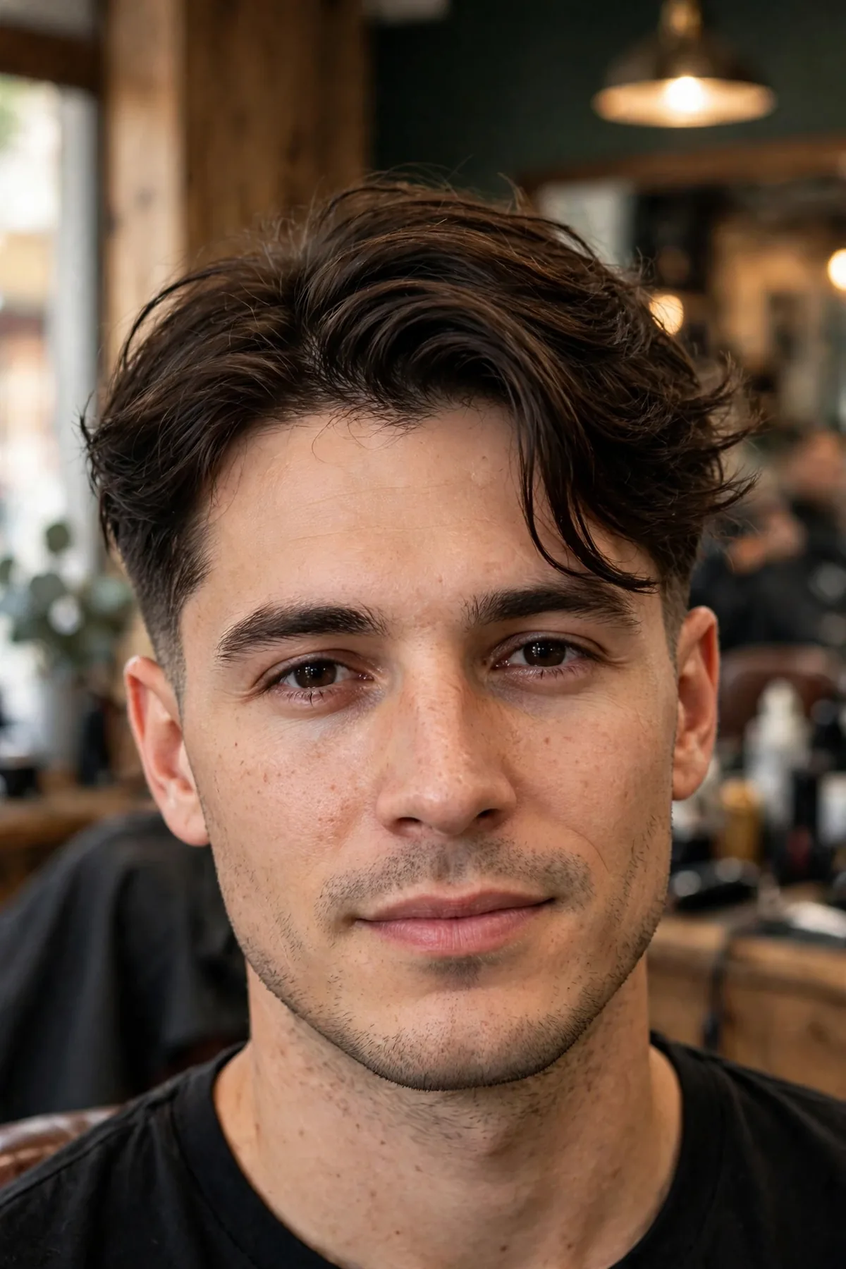 Man with a messy comb over haircut, tousled textured top swept over a soft part, barbershop photography