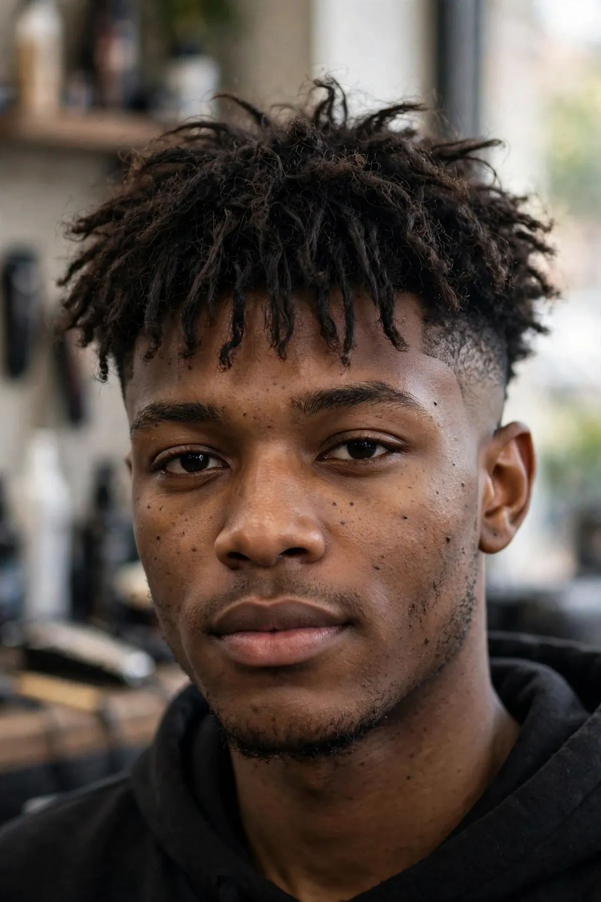 Messy fringe haircut with a temple fade on a man, textured bangs with sharp faded edges around the temples