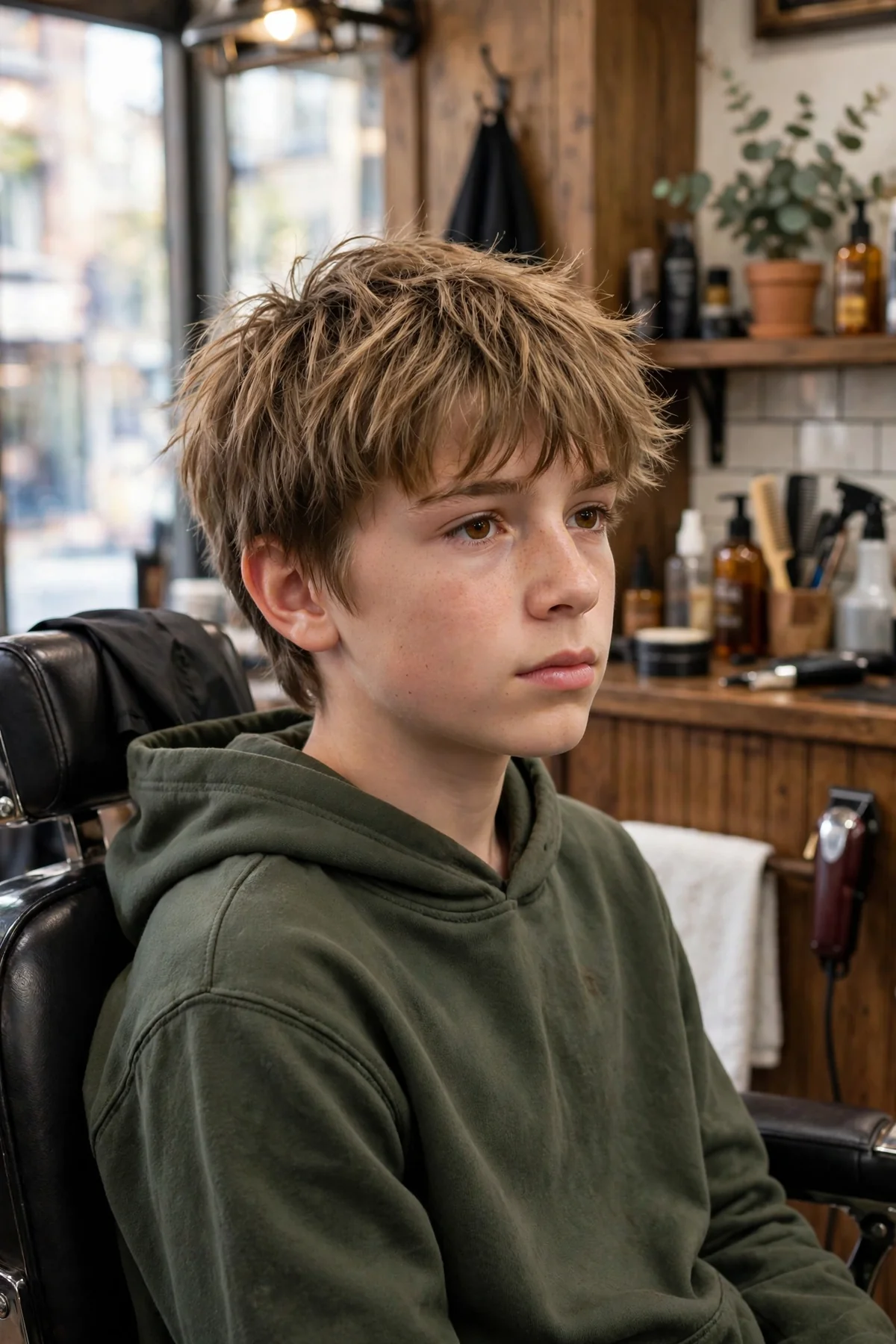 Teen boy with straight hair in a messy fringe with loose textured layers.