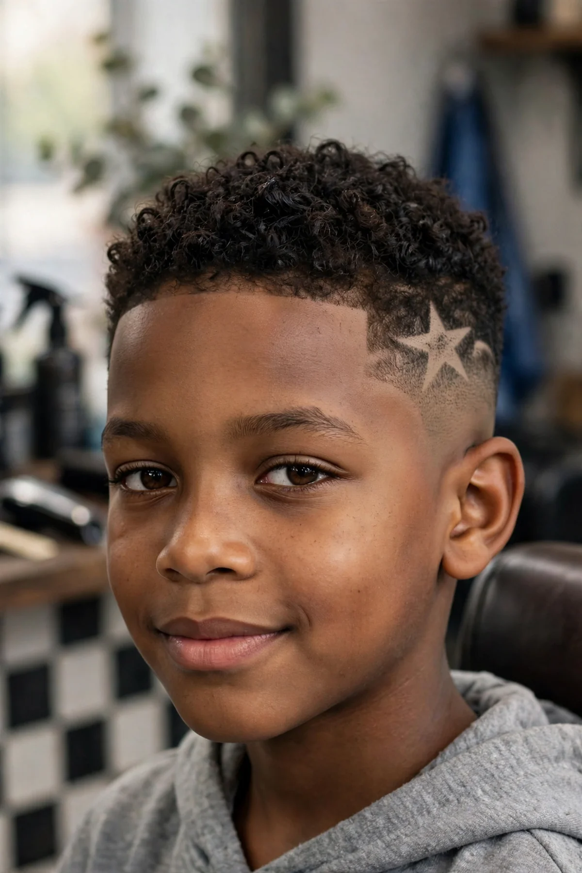 Young Black boy with a mid fade haircut and a star design shaved into the fade, a stylish black boy haircut for kids.