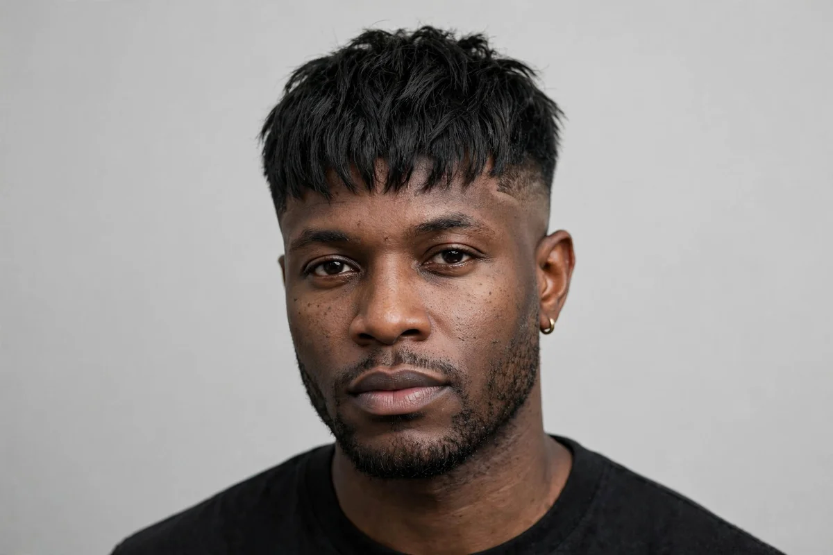 Mid taper fade with textured crop for men — choppy short crop top with a mid fade
