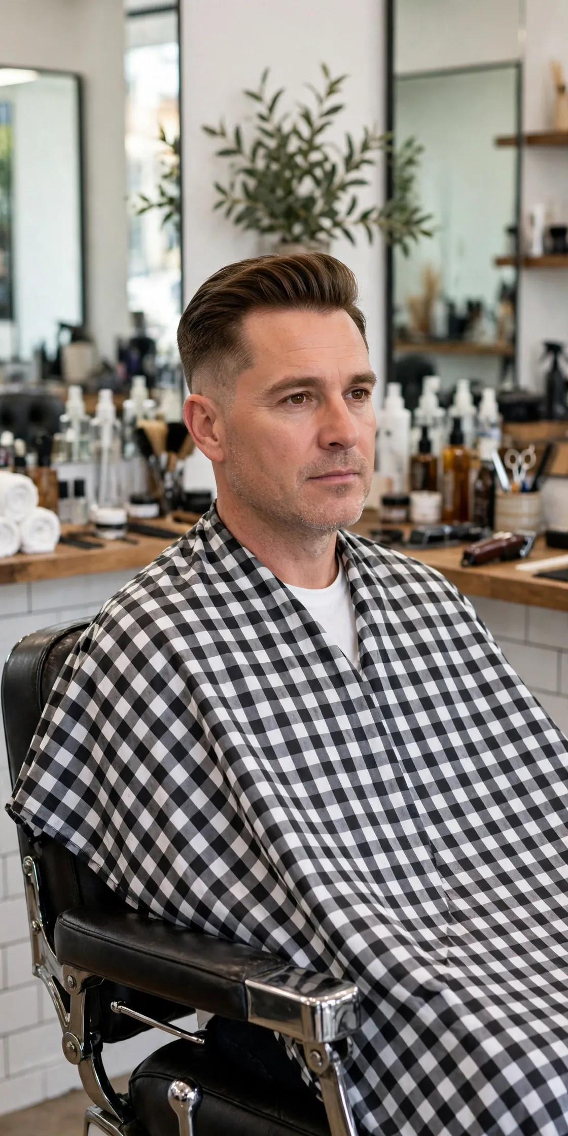 Short pompadour haircut for men — compact lifted front with two to three inches on top and clean faded sides
