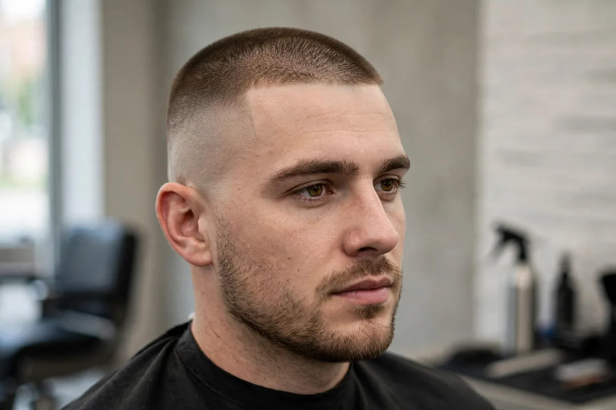 Skin fade buzz haircut — number 3 top melting into a seamless skin fade
