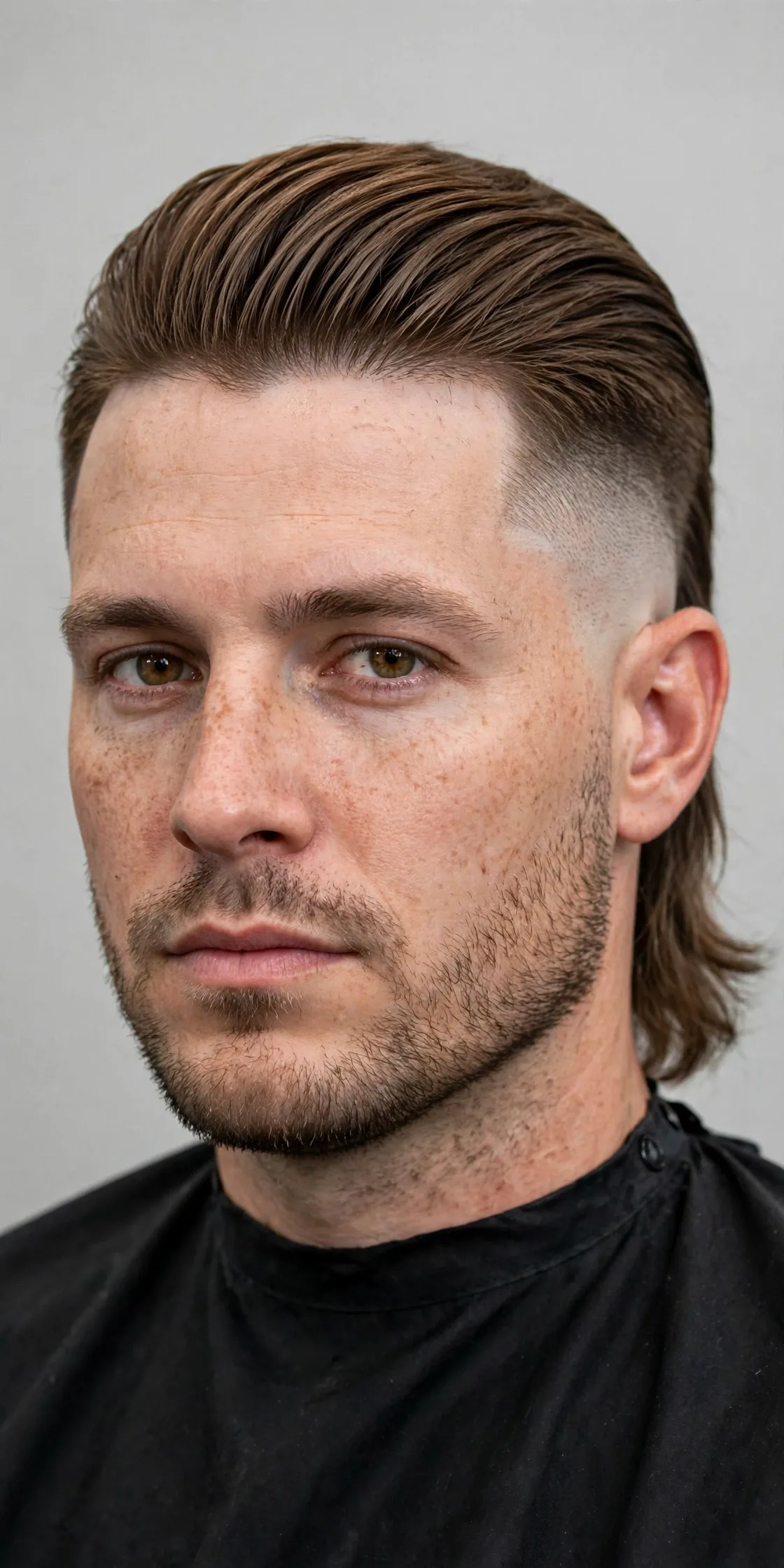 Temp fade mullet haircut — sharp temp fade at the temples and sideburns with clean edges and a defined mullet nape.