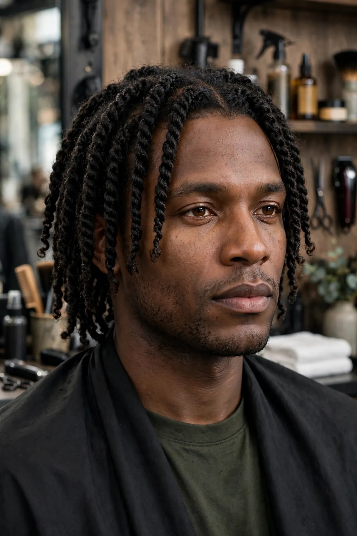 Two-strand twists hairstyle for Black men with faded sides and defined twists