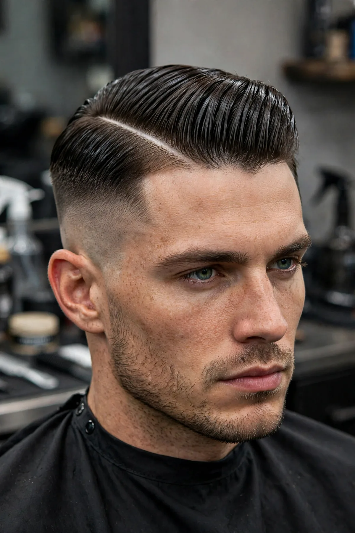 Undercut slick back haircut with disconnected buzzed sides and long hair slicked straight back on top. A bold slicked-back undercut hairstyle for men.