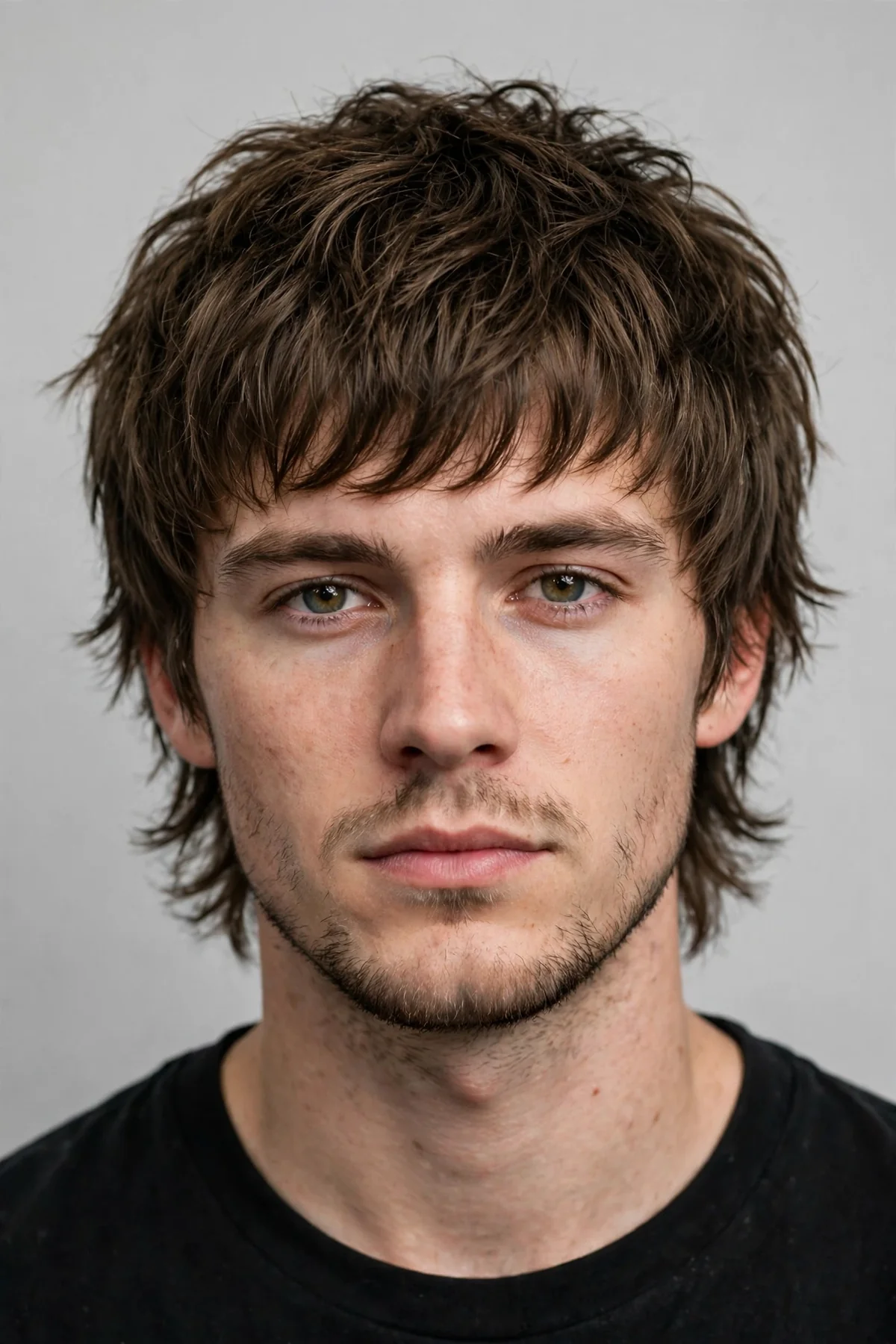 Wolf cut medium length haircut for men with heavy choppy layers and collar-length ends.