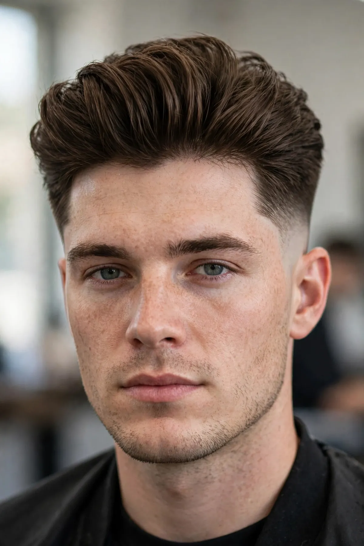 Man with a brush-up high taper — top brushed up and back for height over high tapered sides.