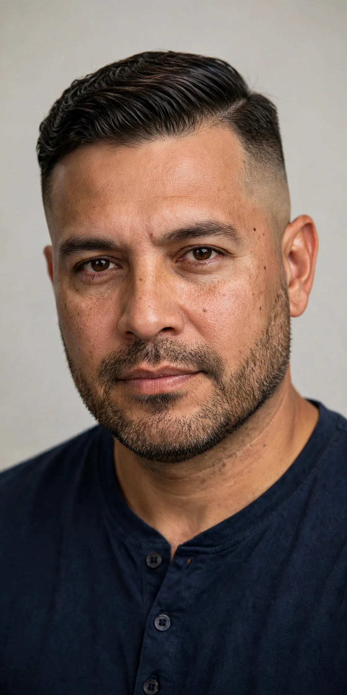Comb over with a bald fade haircut — swept-over top with shaved bare-skin sides and clean blend