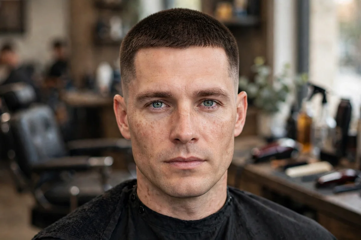 Crew cut haircut for men with straight hair — short uniform top with clean tapered sides