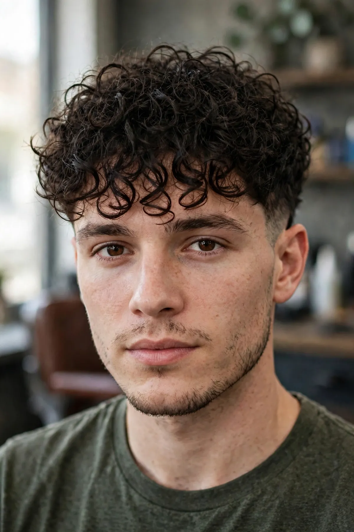 Curly messy fringe haircut on a man with textured curls falling over the forehead, curly fringe hairstyle for men