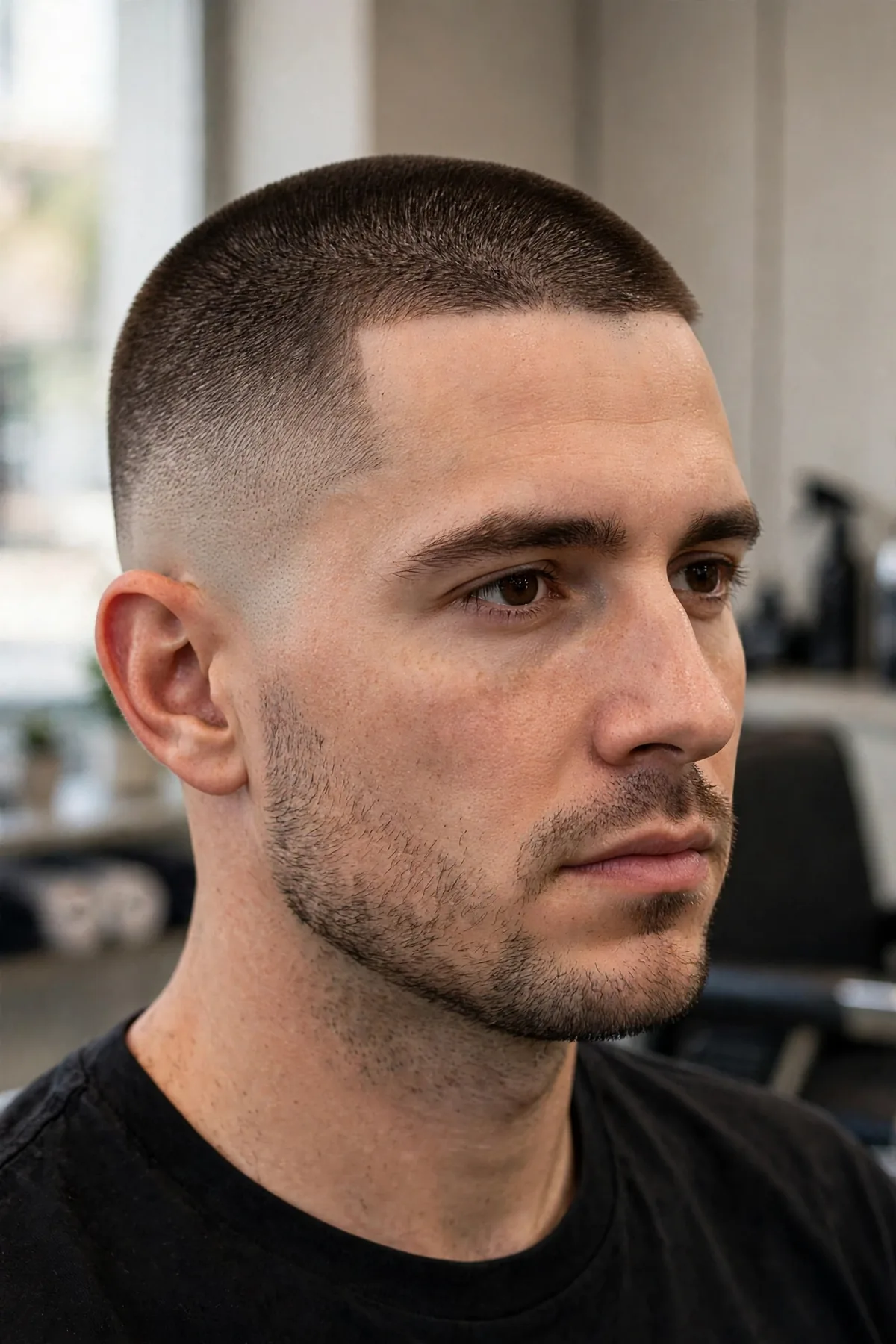 Drop fade buzz haircut — number 2 top with a fade that drops behind the ear