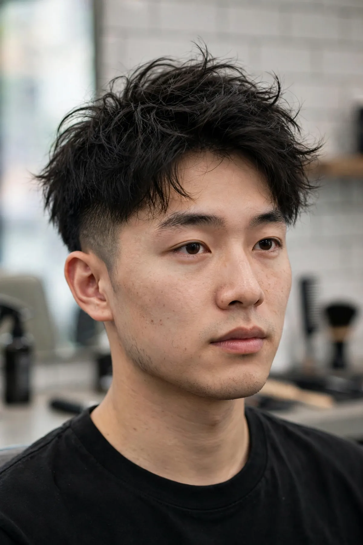 Messy blowout haircut for men with tousled uneven volume and mid fade sides