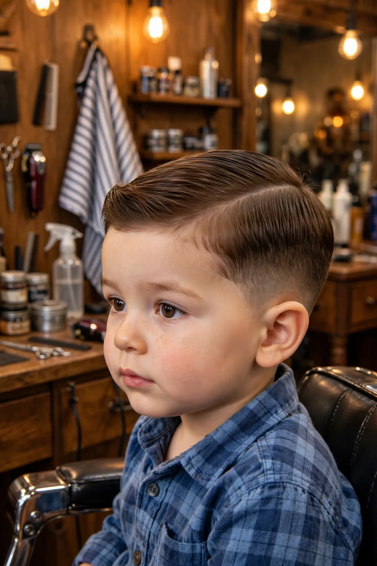 Toddler boy with a neat comb-over haircut, tidy combed top — simple toddler boy haircut