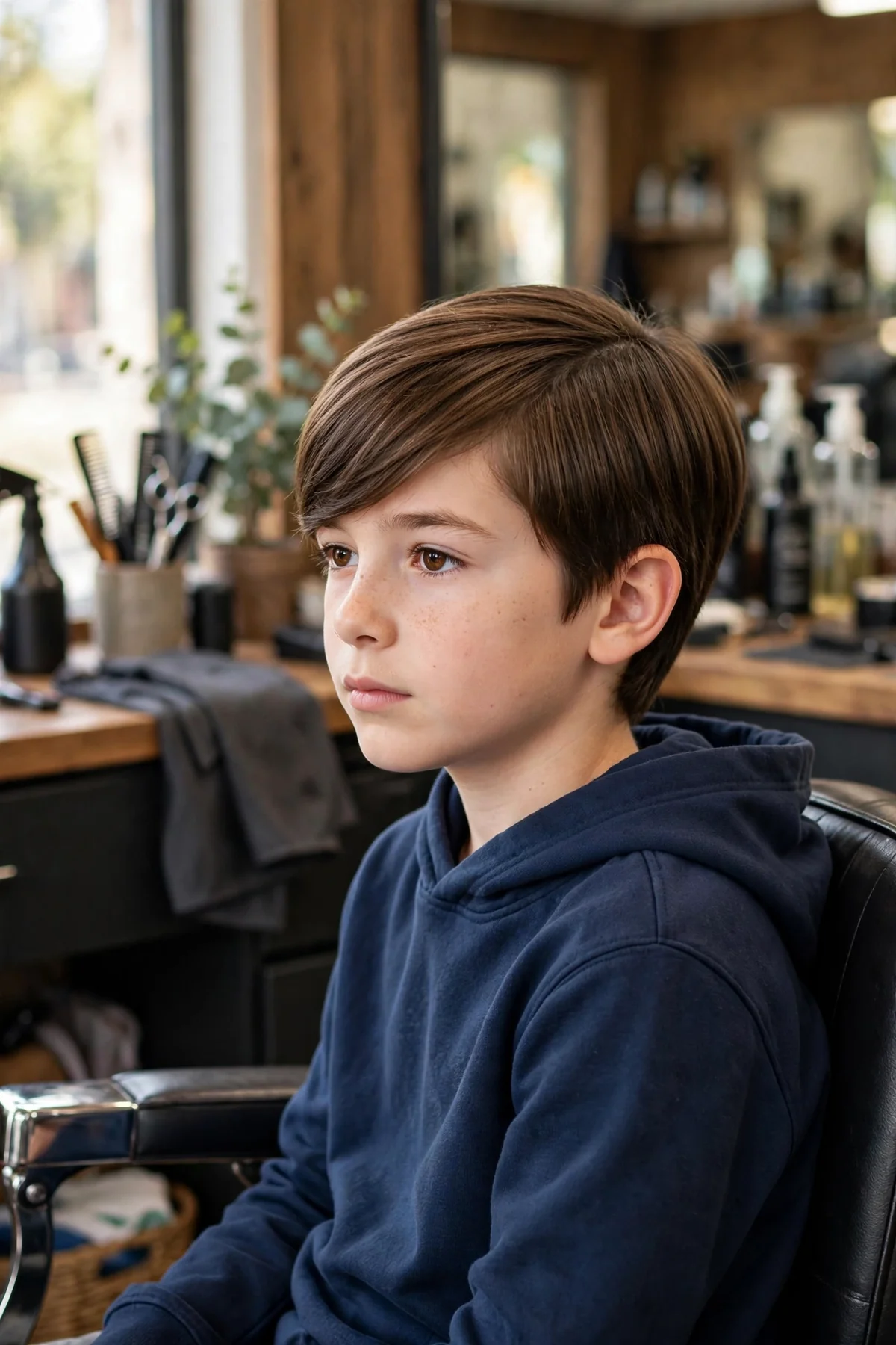 Boy with straight hair wearing a side-swept fringe across the forehead.