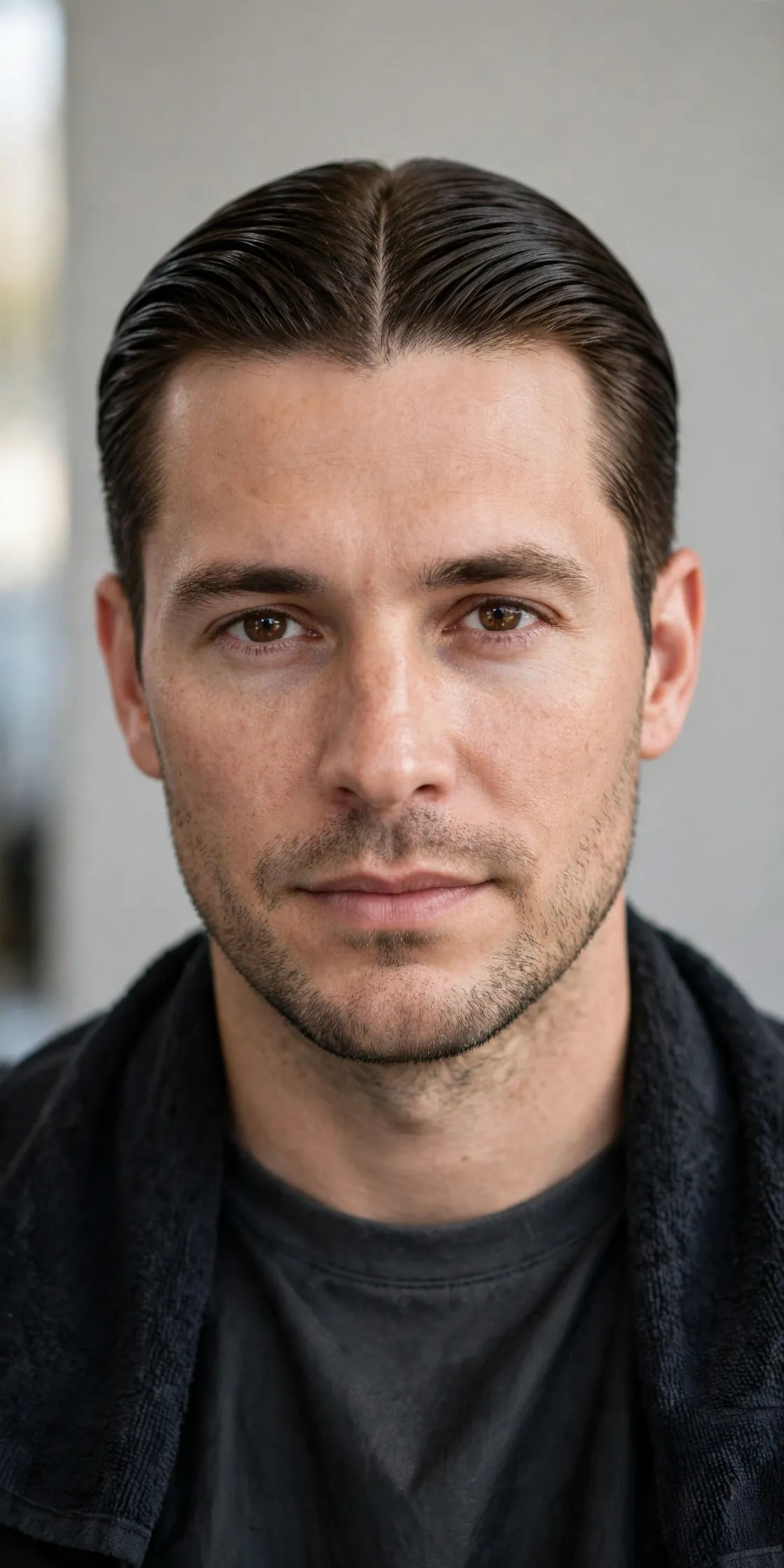 Sleek middle part haircut for men with a polished neat center part and smooth finish
