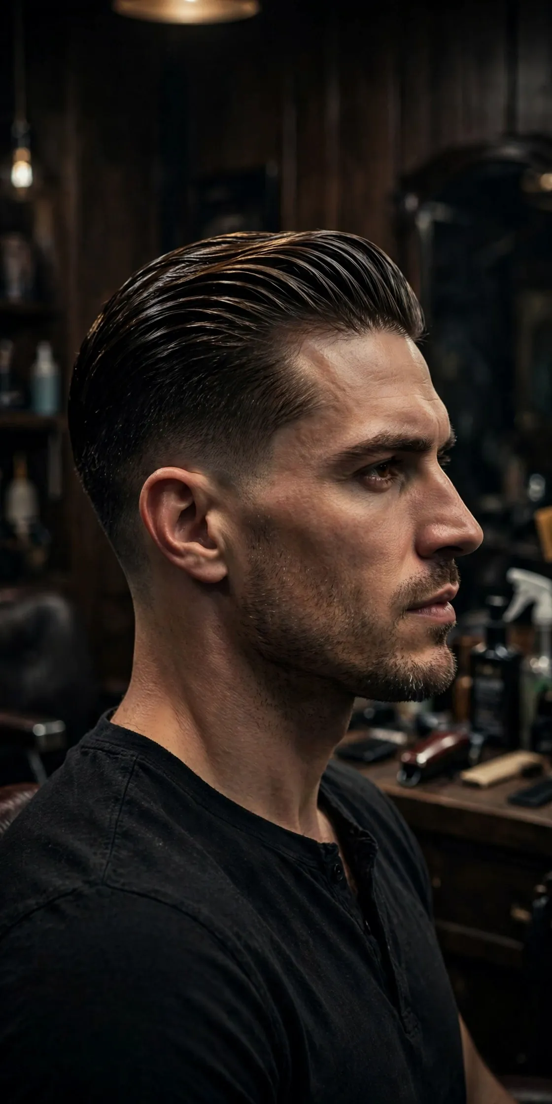 Slick back haircut for men — long top swept straight back with shorter sides