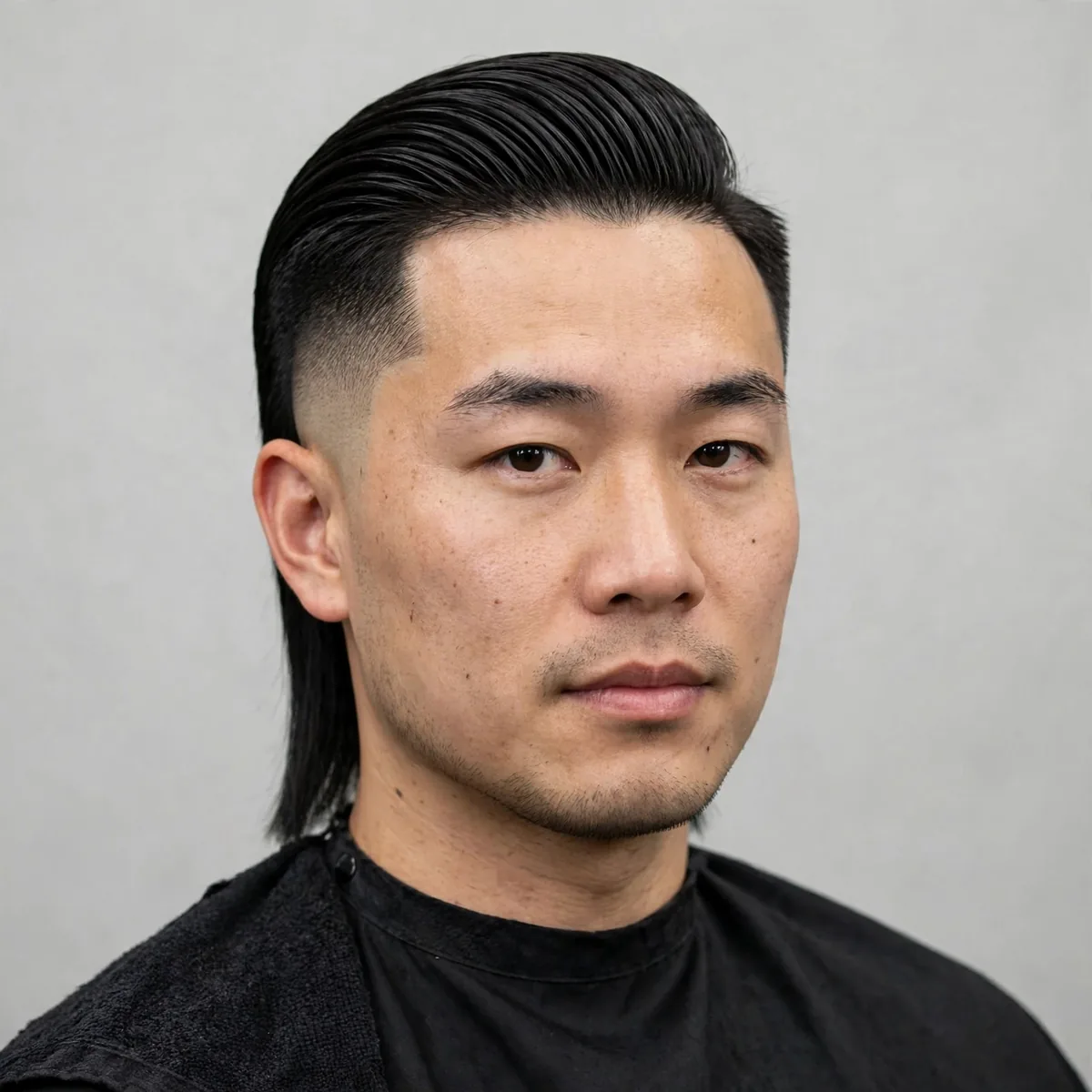 Straight fade mullet haircut on an Asian man — sleek straight hair with a clean mid fade and sharp straight neckline flow.