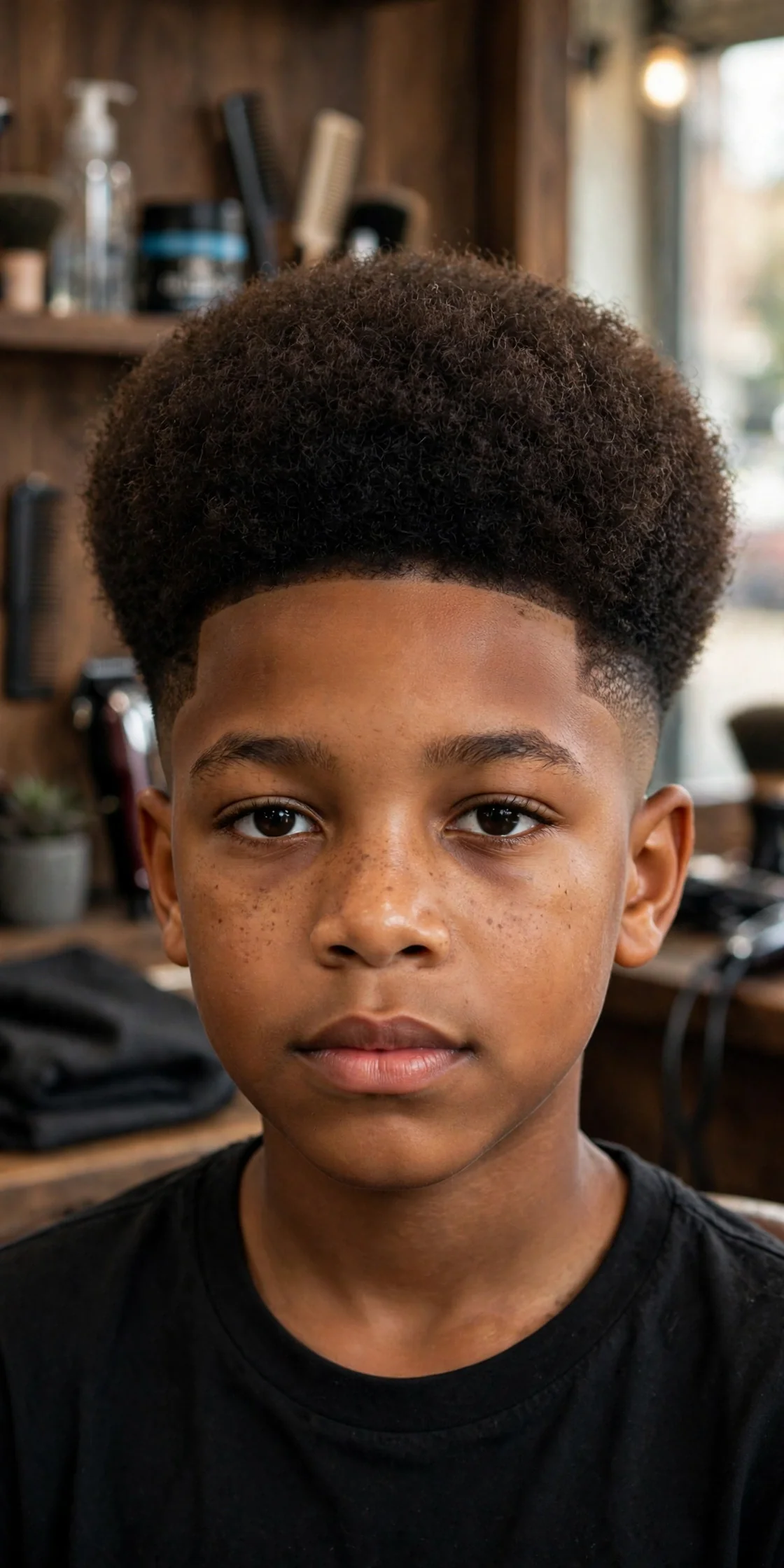 Young Black boy with a rounded tapered afro and temple fade, a proud natural black boy haircut.