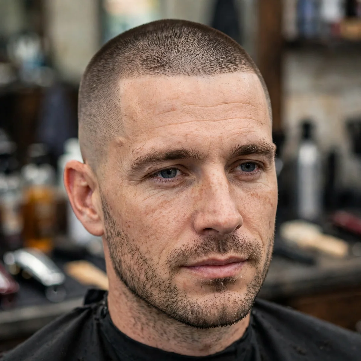 Buzz cut haircut for men with straight hair — even ultra-short length all around