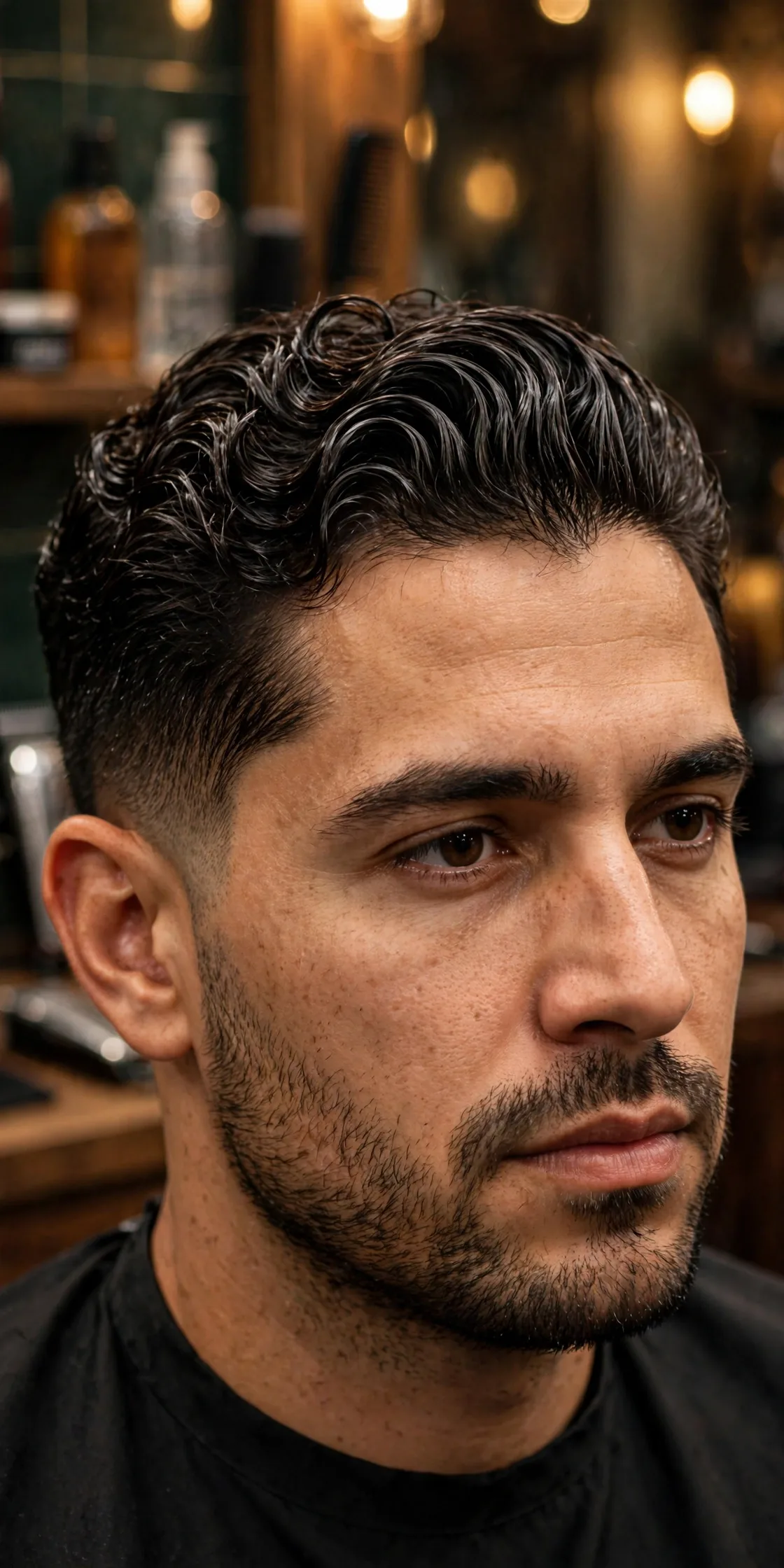 Curly slick back haircut with defined curls swept back off the face in a controlled glossy style. A stylish slicked back hair look for men with curly hair.