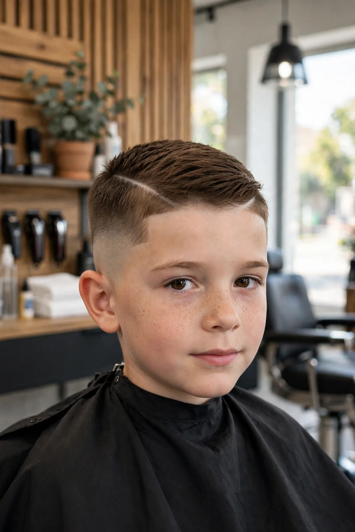 Boy with a hard part haircut and fade — a shaved part line with faded sides, a sharp short boys haircut