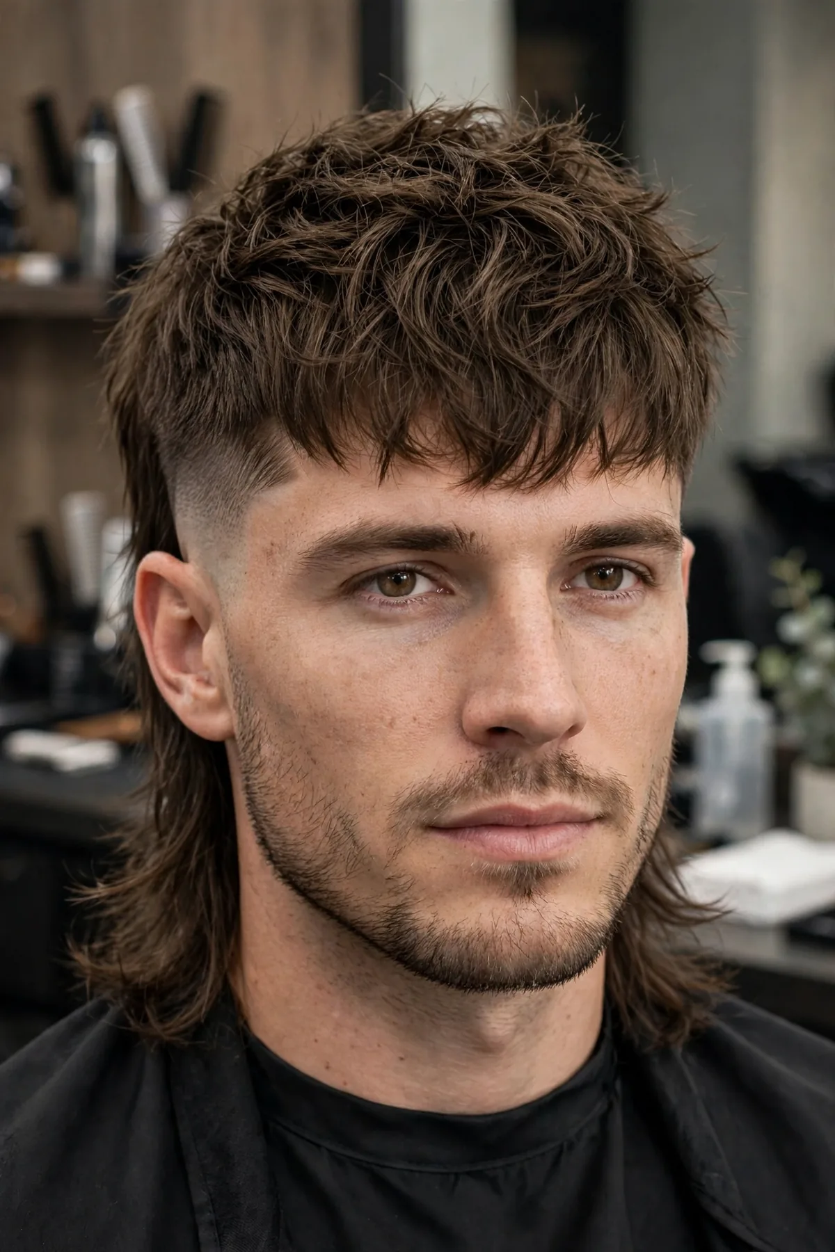 Mid fade wolf cut haircut for men with blended fade sides and choppy textured layers on top