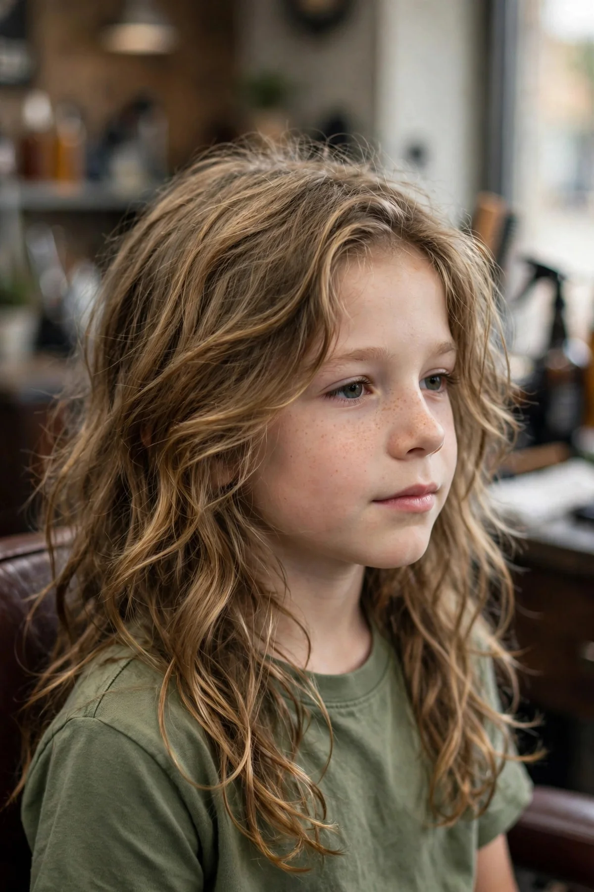Natural long waves boys haircut with relaxed wavy texture flowing past the shoulders