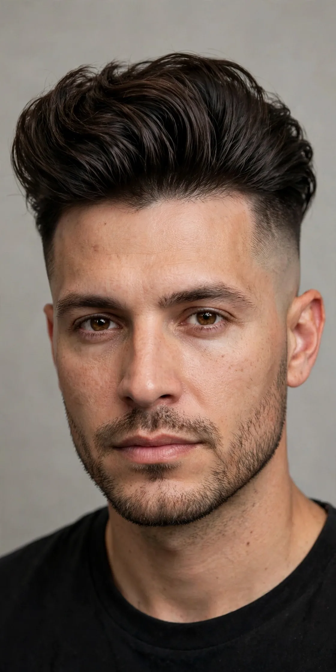 Pompadour with a bald fade haircut — voluminous swept-back pompadour with skin-tight faded sides
