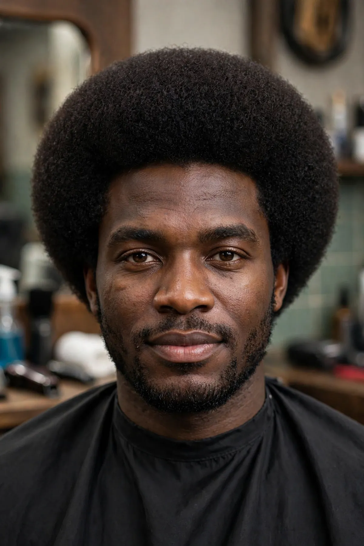 Rounded afro black men haircut with full natural volume and even circular shape