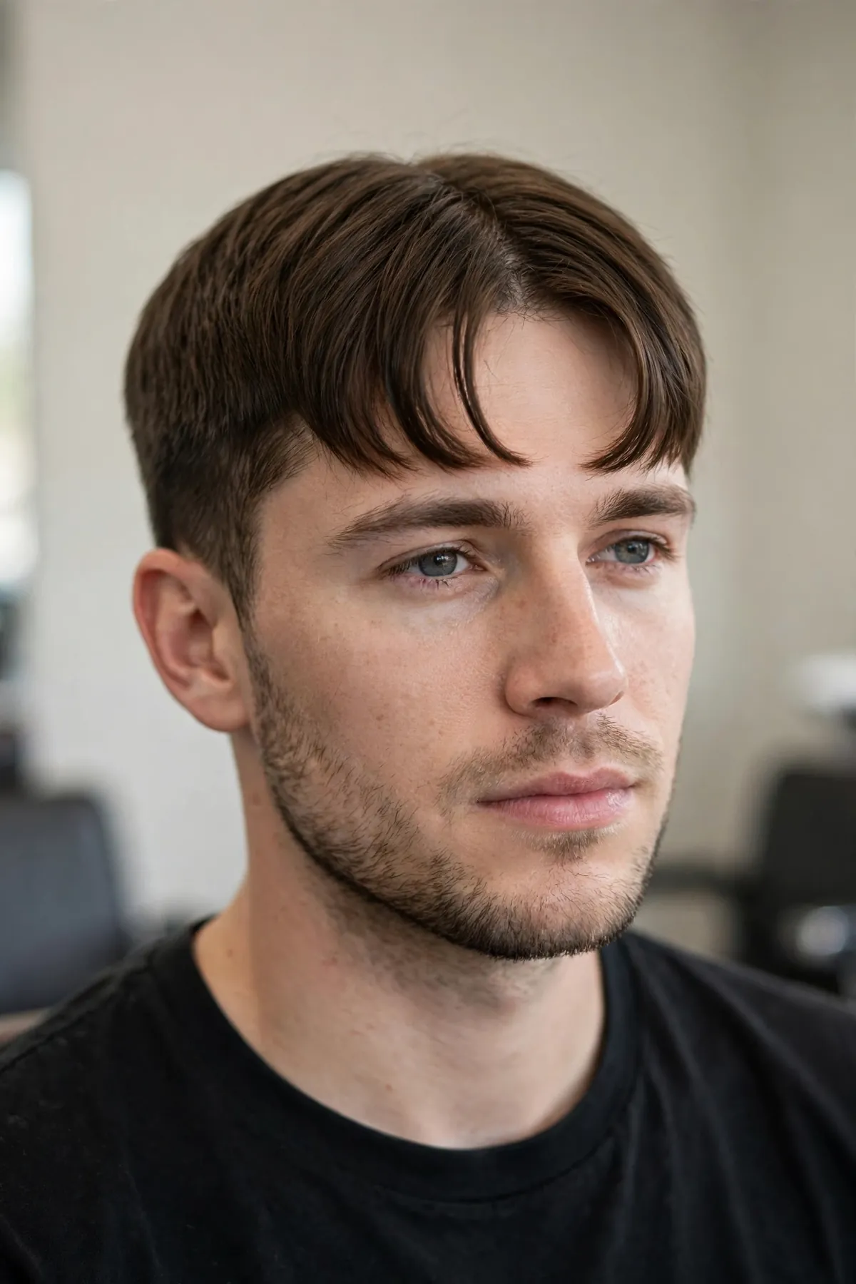 Short middle part curtains haircut for men with a visible curtain fringe on shorter hair