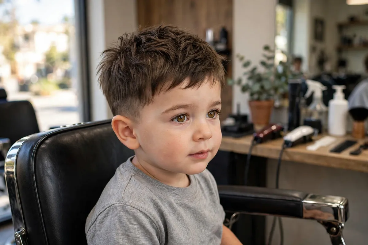 Toddler boy with a short textured crop, choppy layered top — trendy low maintenance toddler boy haircut