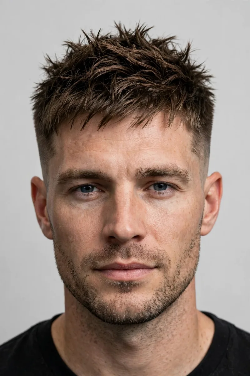 Textured crew cut hairstyle for men — choppy point-cut texture on the upright top with piecey separation