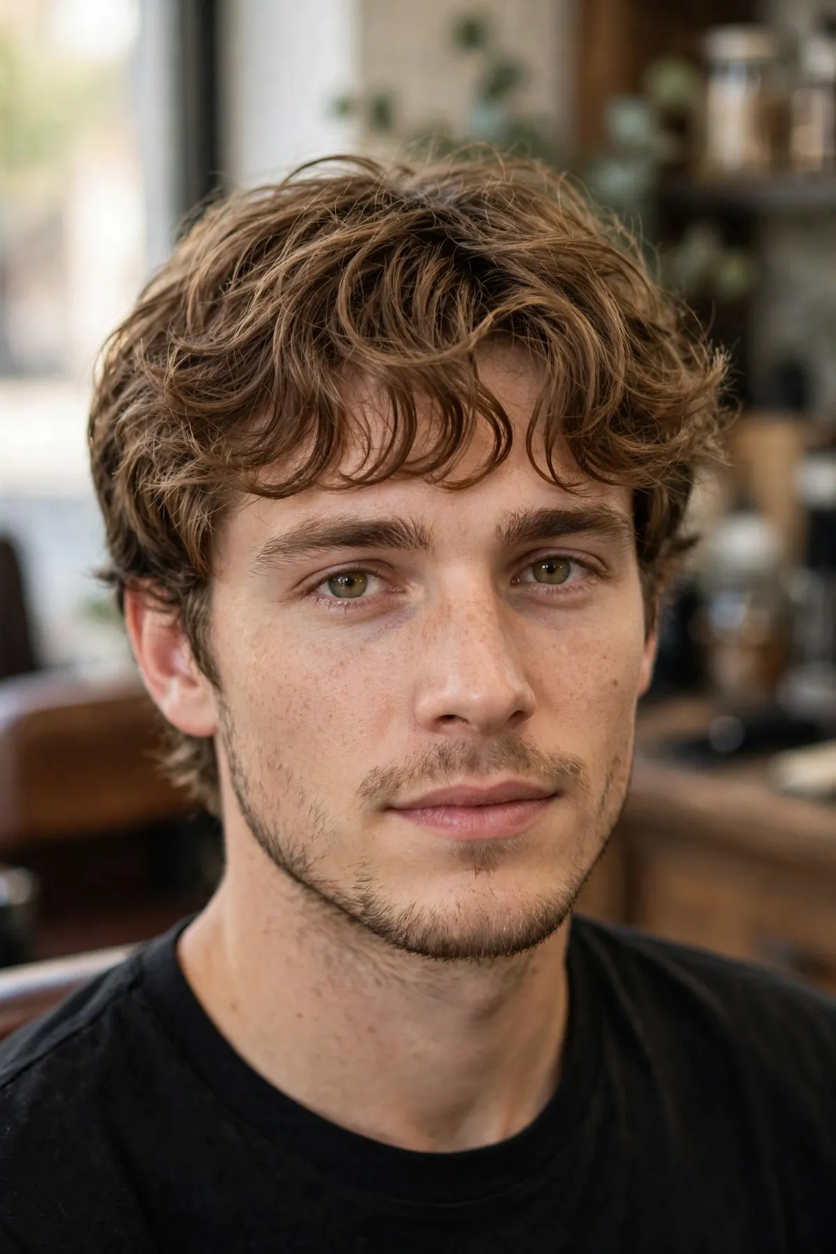 Wavy messy fringe haircut on a man with tousled wavy textured bangs, natural movement fringe hairstyle