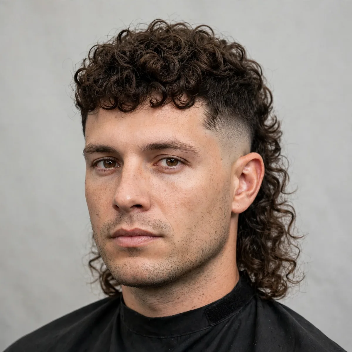 Curly fade mullet haircut — tight defined curls on top with a clean low fade and curly length flowing at the back.
