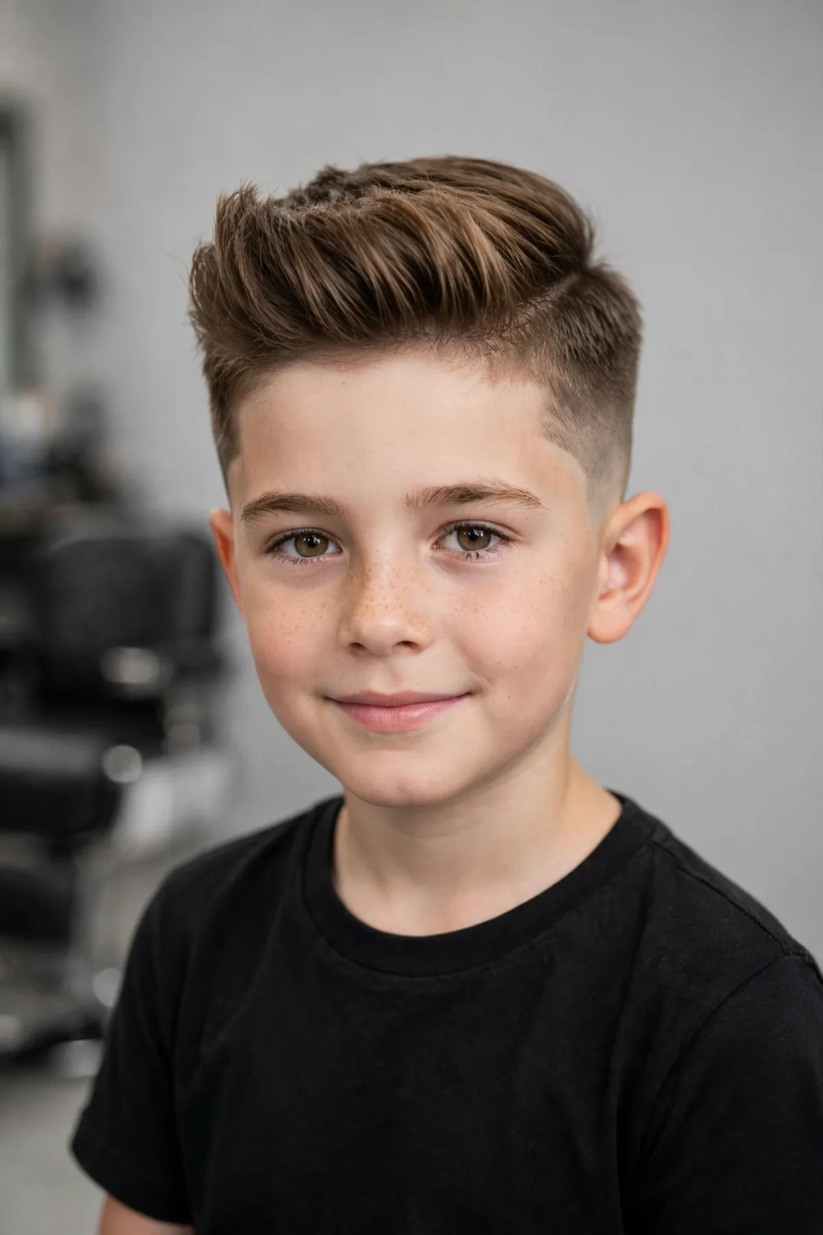 Fade with quiff for boys — clean faded sides with a swept-up quiff on top