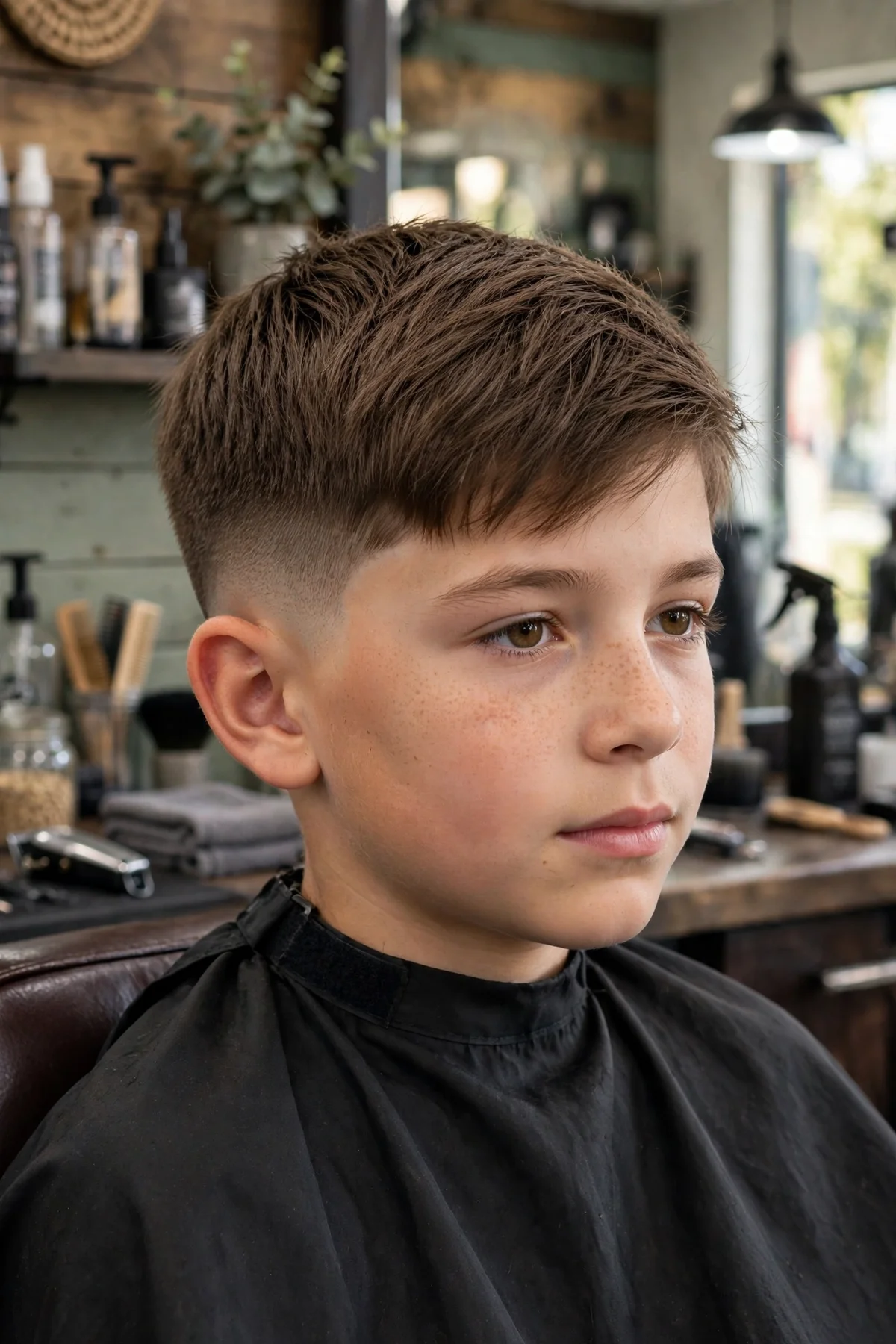 Boy with thick straight hair in a low fade with a long textured top.