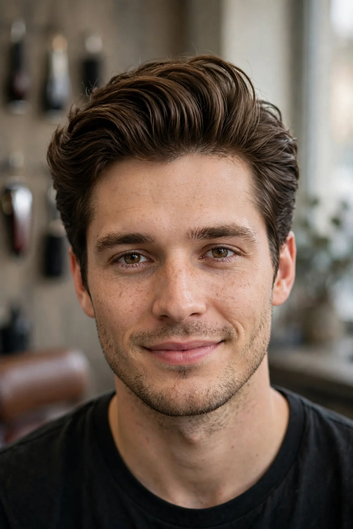 Medium quiff haircut for men — front lifted high with volume and clean sides.