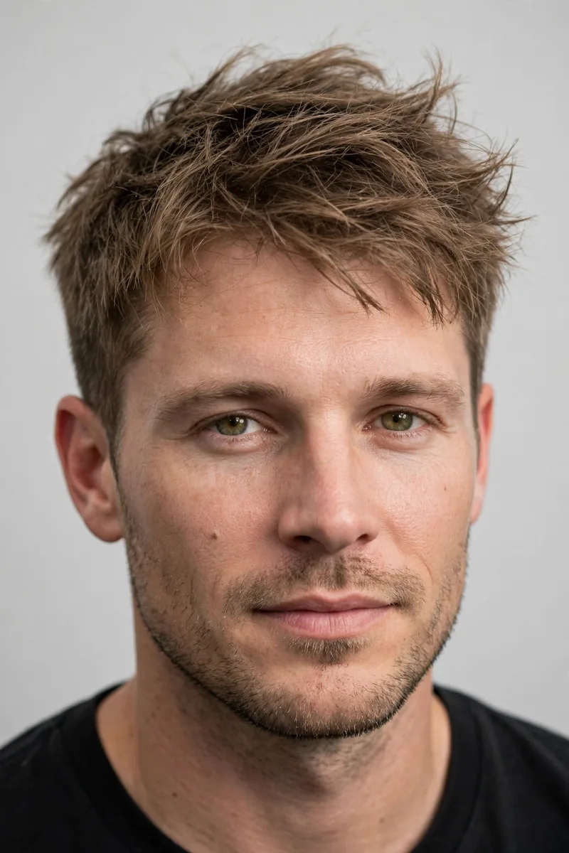 Messy crew cut hairstyle for men — tousled relaxed crew cut with finger-styled messy texture on top
